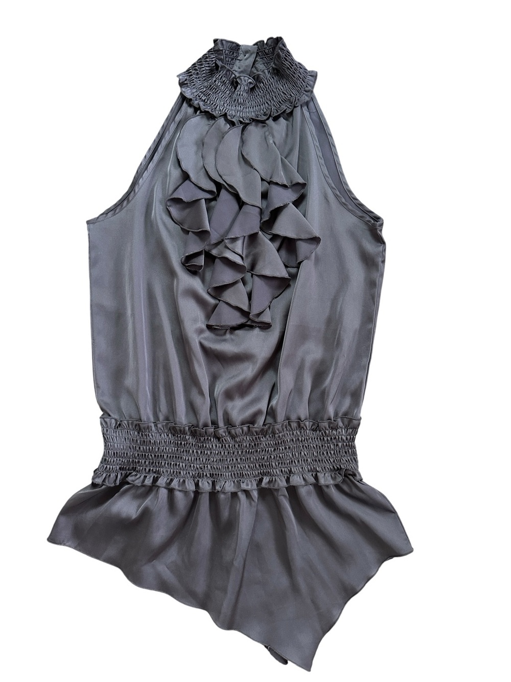 Womens Ruffled High-Neck Satin Shell Top - Charcoal